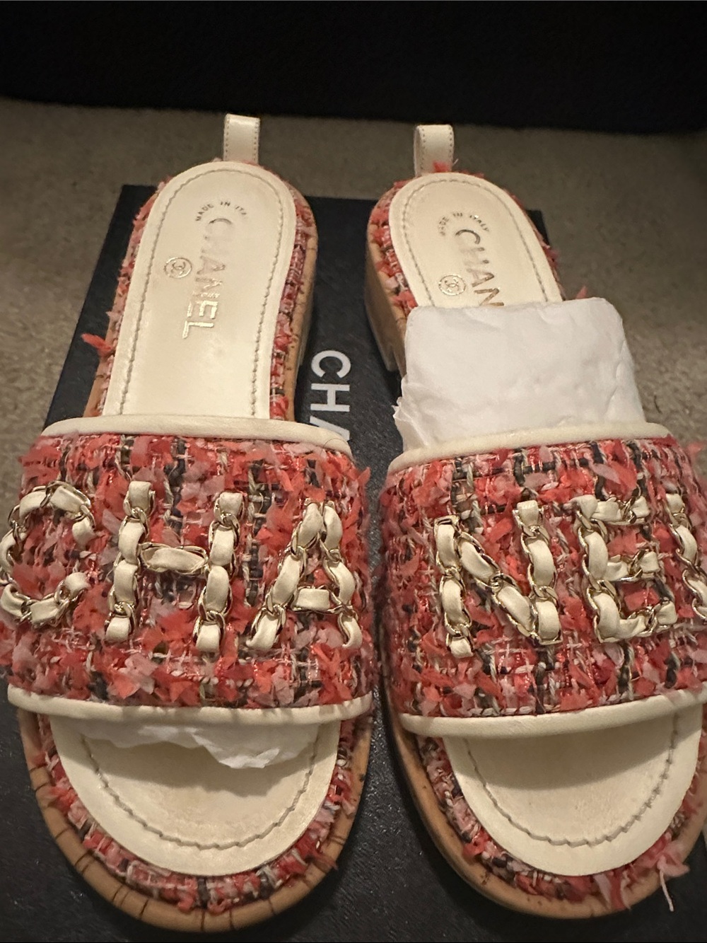 CHANEL Coral Tweed Slide Sandals with Gold Chain Logo - Picture 2 of 4